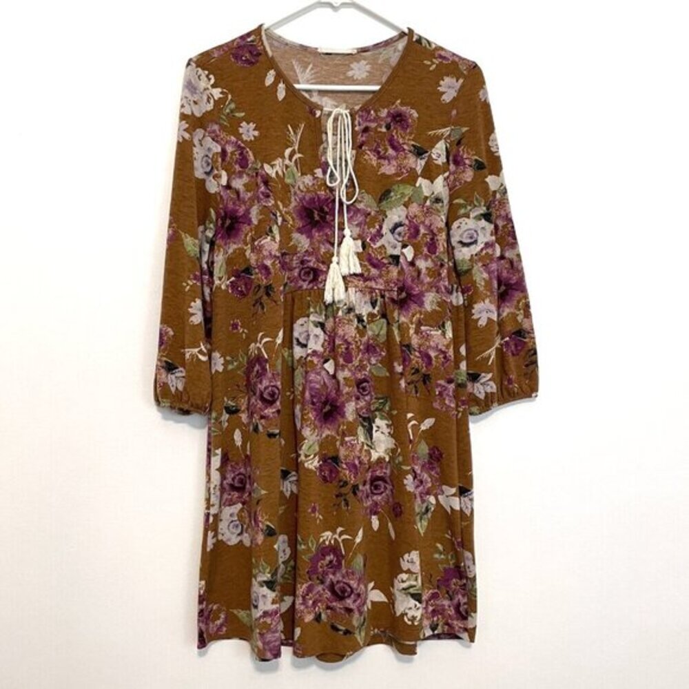 ENTRO Brown Tan Purple Multi Floral 3/4 Sleeve Tassel Tie Boho Fit & Flare Dress